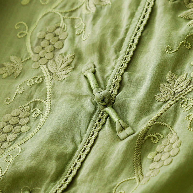 Buddha Stones Koszula damska bawełniana z haftowanym wzorem winogron, koronką i guzikami żabki, z rękawem trzy czwarte - image 1