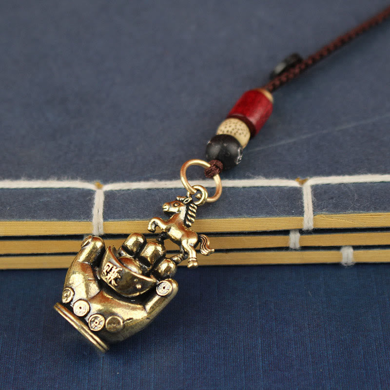 Buddha Stones Rok Konia Miedziany Mosiężny Sznurek Pięć Monet Cesarskich Brelok do Kluczy Równowaga - Czarny, jasnożółty koralikowy koń - image 1