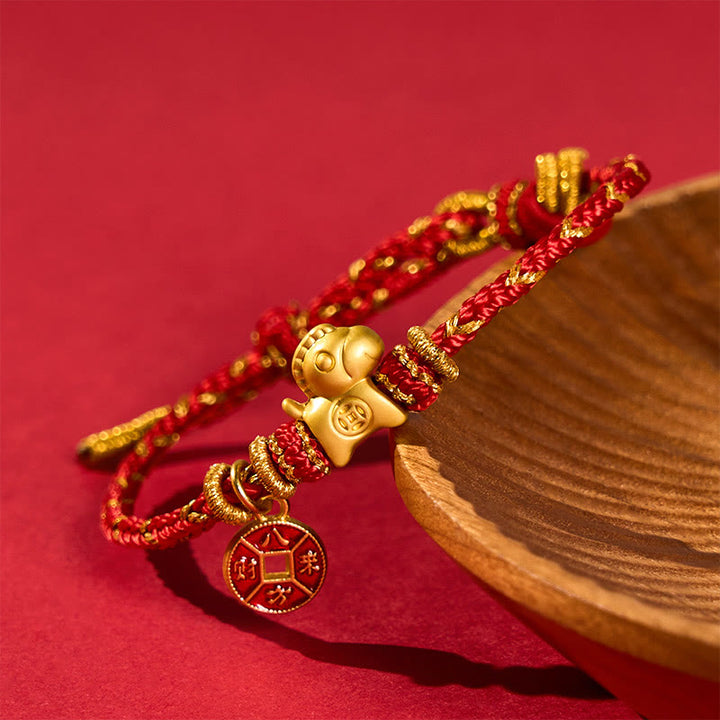 Buddha Stones Bransoletka na szczęście z miedzianych monet i czerwonego sznurka z roku konia - image 1