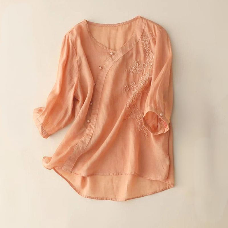 Koszula damska z krótkim rękawem i luźnym, swobodnym haftem kwiatowym „Buddha Stones” z żabą i guzikami - LightSalmon - US14, UK/AU18, EU46 (4XL) - image 7