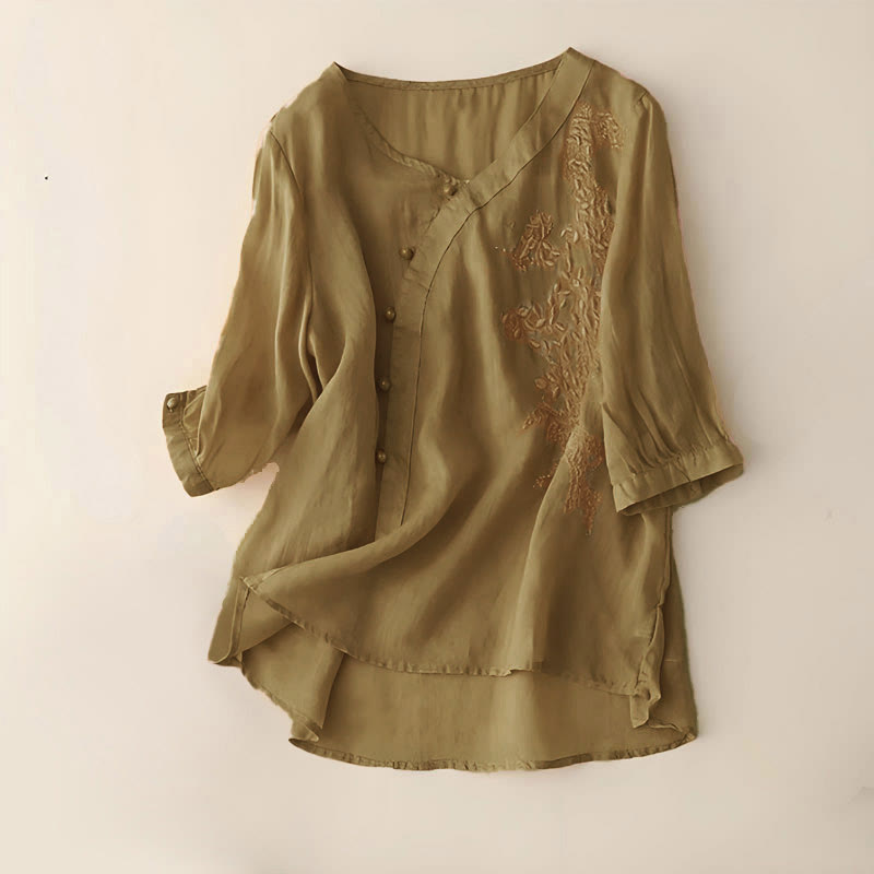 Koszula damska z krótkim rękawem i luźnym, swobodnym haftem kwiatowym „Buddha Stones” z żabą i guzikami - DarkGoldenrod - US14, UK/AU18, EU46 (4XL) - image 5