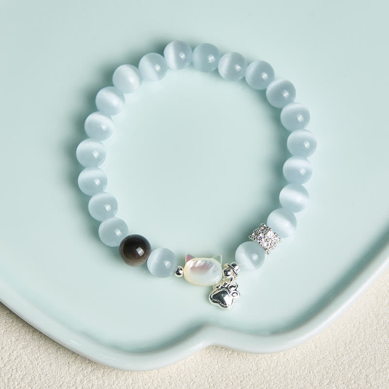 Buddha Stones Bransoletka z białego, kociego oka i srebrnego połysku z obsydianu - image 3