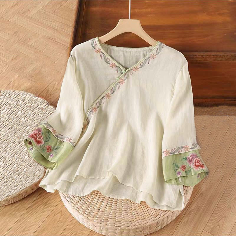 Koszula damska bawełniana z haftem w stylu retro z Buddha Stones i trzema czwartymi rękawami - Blanszowany migdał - US12, UK/AU16, EU44 (4XL) - image 0