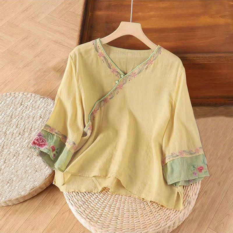 Koszula damska bawełniana z haftem w stylu retro z Buddha Stones i trzema czwartymi rękawami - Khaki - US12, UK/AU16, EU44 (4XL) - image 4