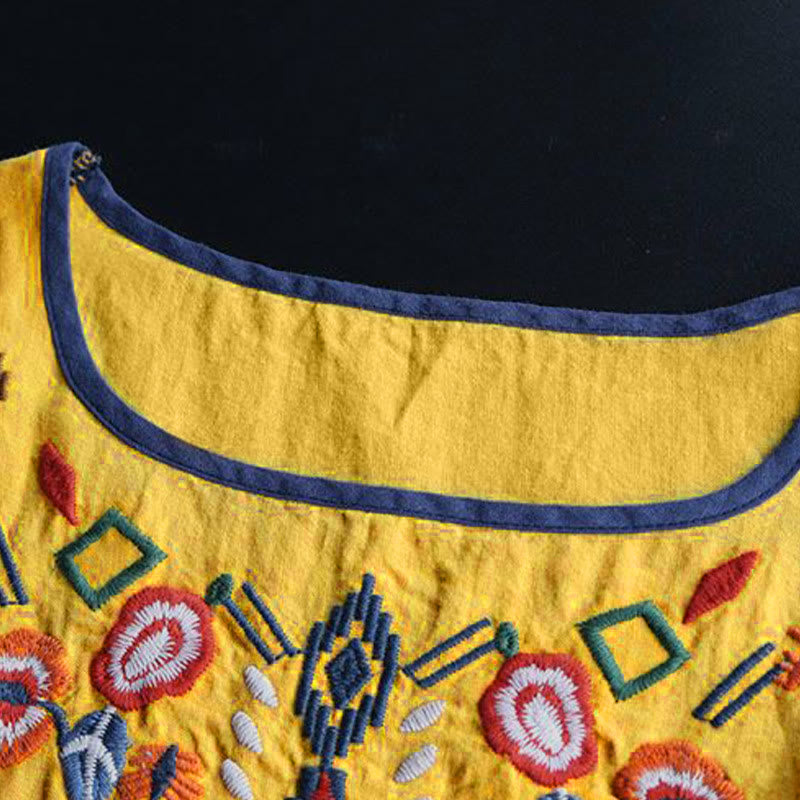 Buddha Stones Retro Artystyczny Haft Kwiatowy Wzór Okrągły Dekolt Damska Bawełniana Lniana Krótki Rękaw T-shirt - image 15