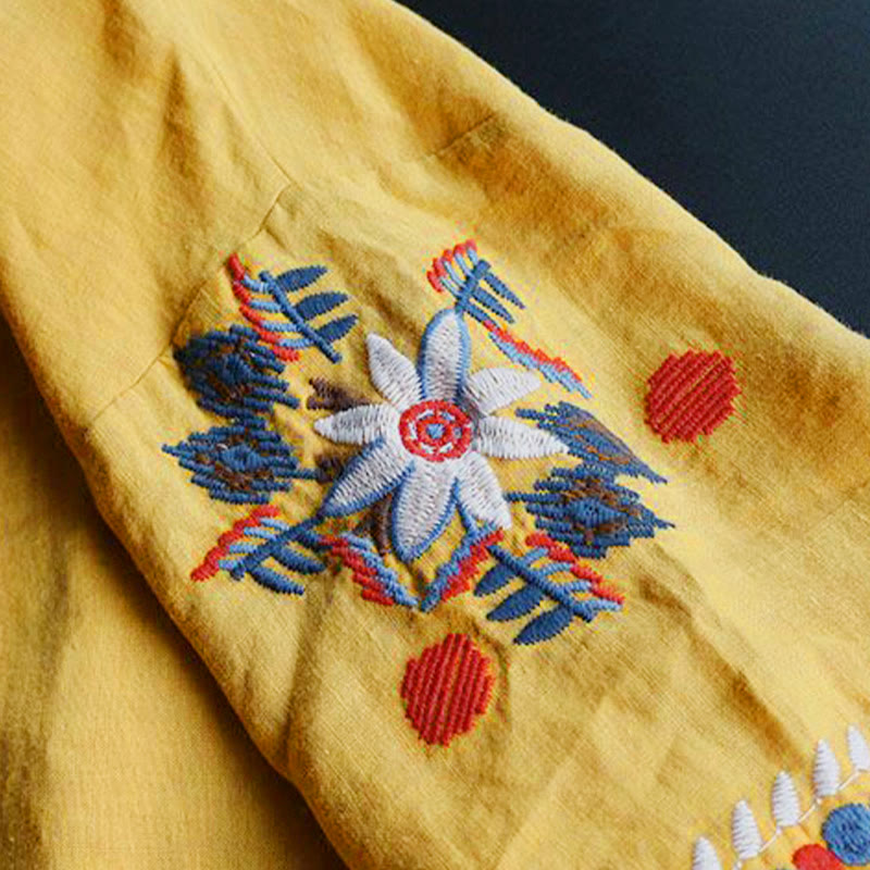 Buddha Stones Retro Artystyczny Haft Kwiatowy Wzór Okrągły Dekolt Damska Bawełniana Lniana Krótki Rękaw T-shirt - image 16