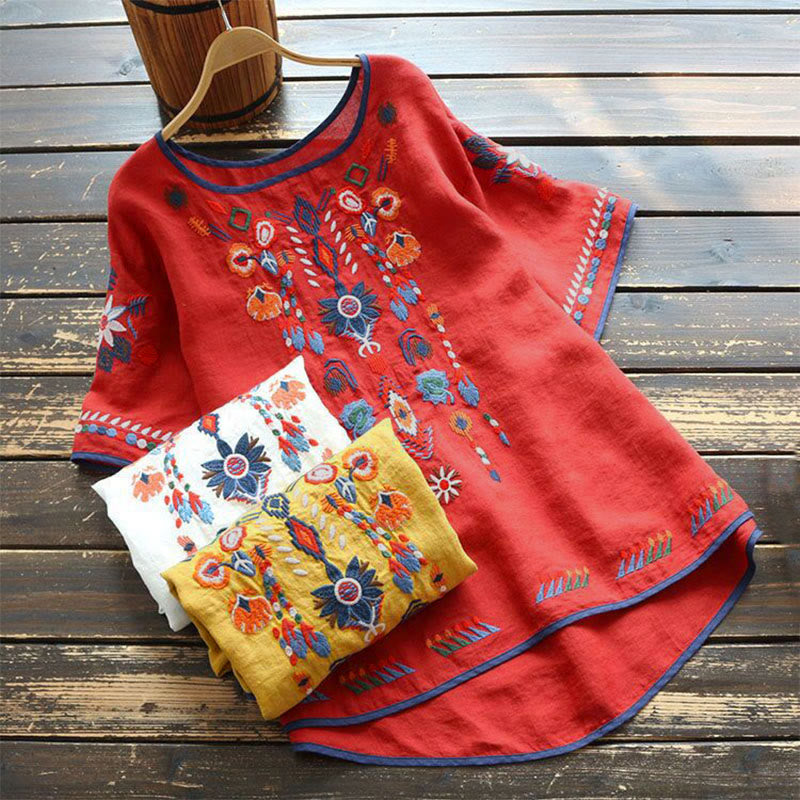 Buddha Stones Retro Artystyczny Haft Kwiatowy Wzór Okrągły Dekolt Damska Bawełniana Lniana Krótki Rękaw T-shirt - image 12