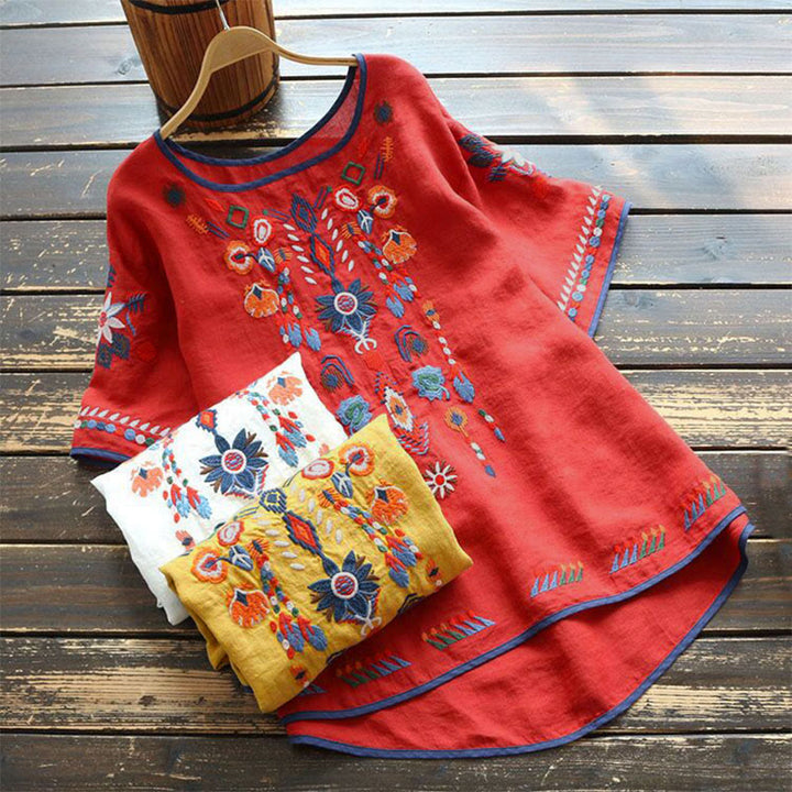 Buddha Stones Retro Artystyczny Haft Kwiatowy Wzór Okrągły Dekolt Damska Bawełniana Lniana Krótki Rękaw T-shirt - image 12