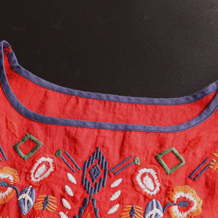Buddha Stones Retro Artystyczny Haft Kwiatowy Wzór Okrągły Dekolt Damska Bawełniana Lniana Krótki Rękaw T-shirt - image 9