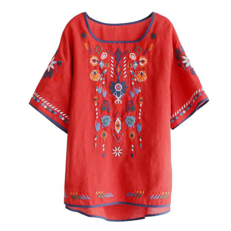 Buddha Stones Retro Artystyczny Haft Kwiatowy Wzór Okrągły Dekolt Damska Bawełniana Lniana Krótki Rękaw T-shirt - image 13