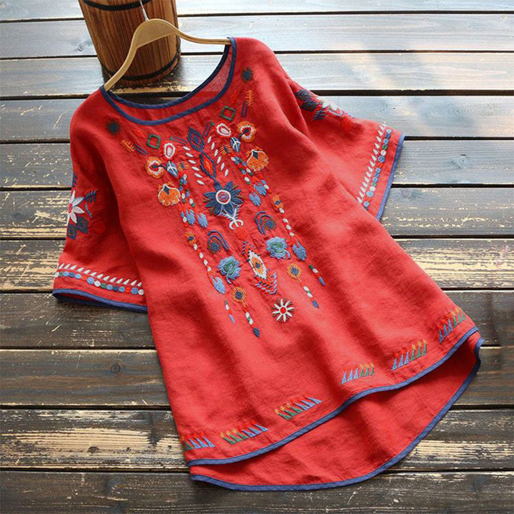 Buddha Stones Retro Artystyczny Haft Kwiatowy Wzór Okrągły Dekolt Damska Bawełniana Lniana Krótki Rękaw T-shirt - Czerwony - US14, UK/AU18, EU46 (4XL) - image 8