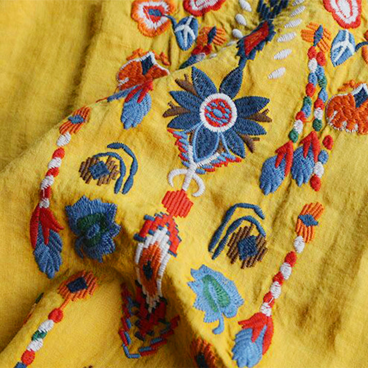 Buddha Stones Retro Artystyczny Haft Kwiatowy Wzór Okrągły Dekolt Damska Bawełniana Lniana Krótki Rękaw T-shirt - image 17
