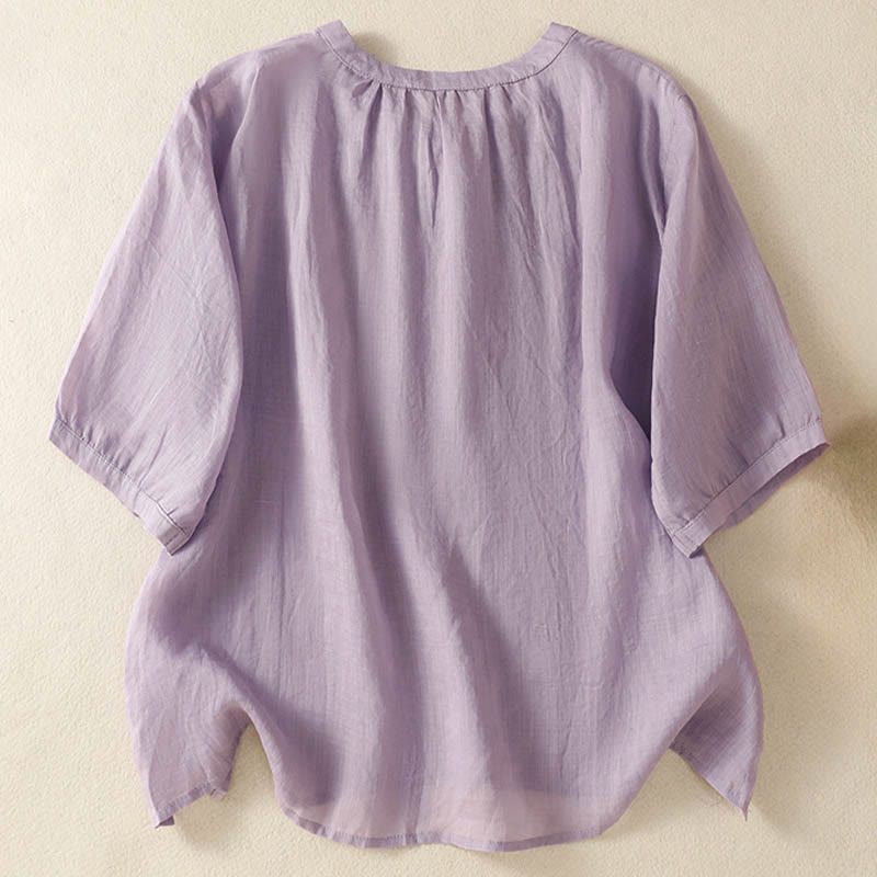 Buddha Stones Letnia koszula damska z krótkim rękawem, haftowanymi kwiatami i sznurowaniem, z kołnierzykiem z karbem - image 1