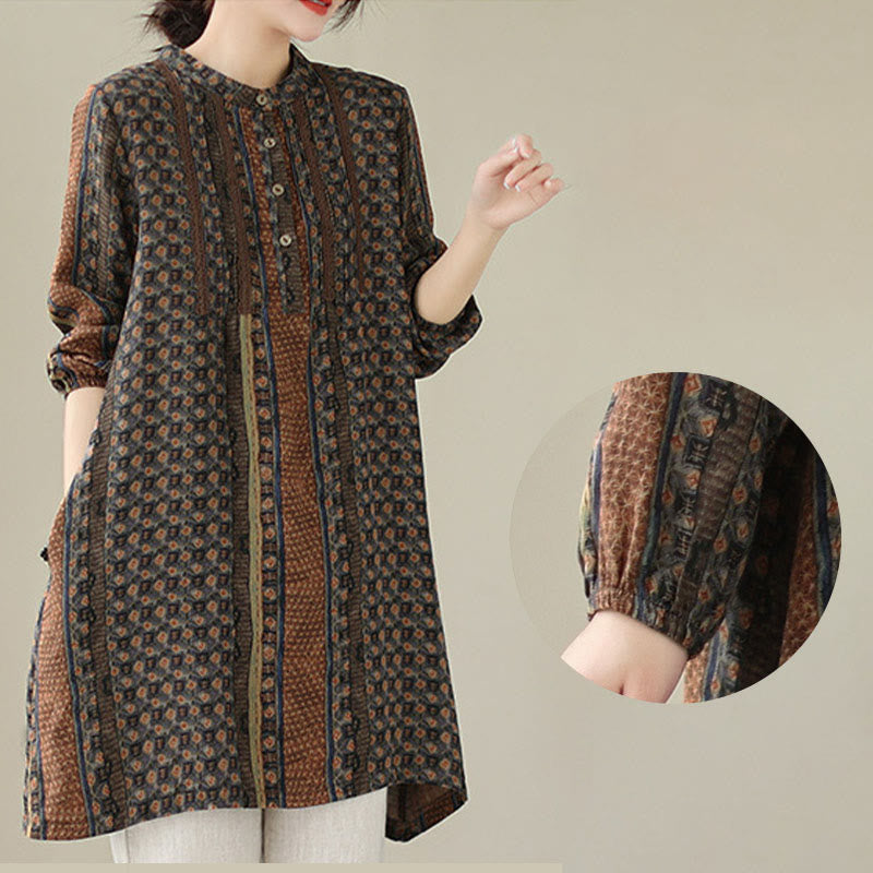 Buddha Stones Koszula damska z długim rękawem i kieszeniami, z nadrukiem w kwiaty w stylu retro i plisami w harmonijkę - image 5