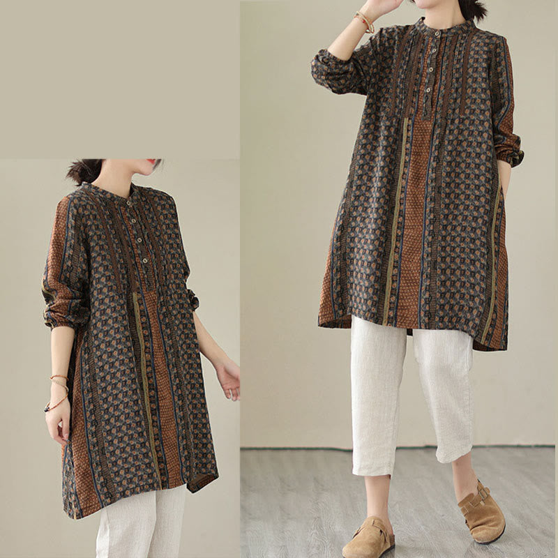 Buddha Stones Koszula damska z długim rękawem i kieszeniami, z nadrukiem w kwiaty w stylu retro i plisami w harmonijkę - image 7