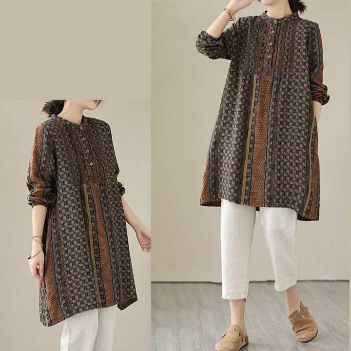 Buddha Stones Koszula damska z długim rękawem i kieszeniami, z nadrukiem w kwiaty w stylu retro i plisami w harmonijkę - image 7