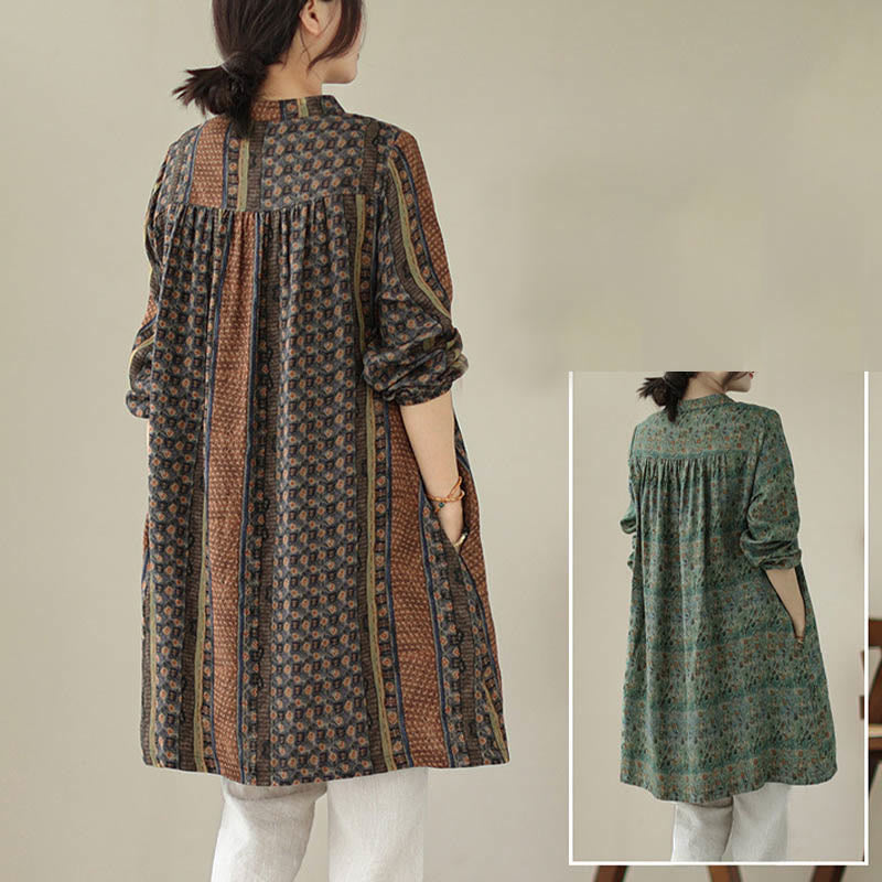 Buddha Stones Koszula damska z długim rękawem i kieszeniami, z nadrukiem w kwiaty w stylu retro i plisami w harmonijkę - image 22