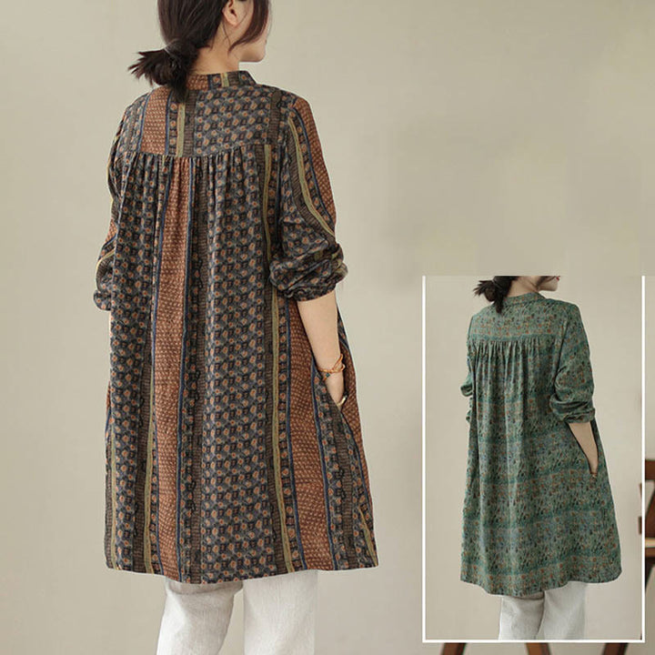 Buddha Stones Koszula damska z długim rękawem i kieszeniami, z nadrukiem w kwiaty w stylu retro i plisami w harmonijkę - image 22