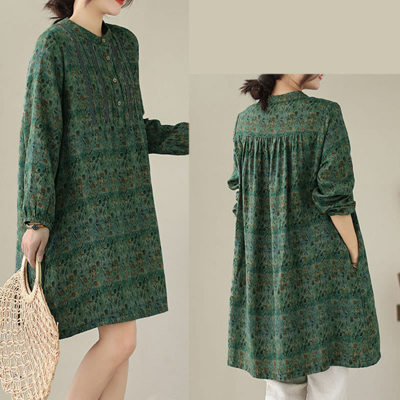 Buddha Stones Koszula damska z długim rękawem i kieszeniami, z nadrukiem w kwiaty w stylu retro i plisami w harmonijkę - image 21