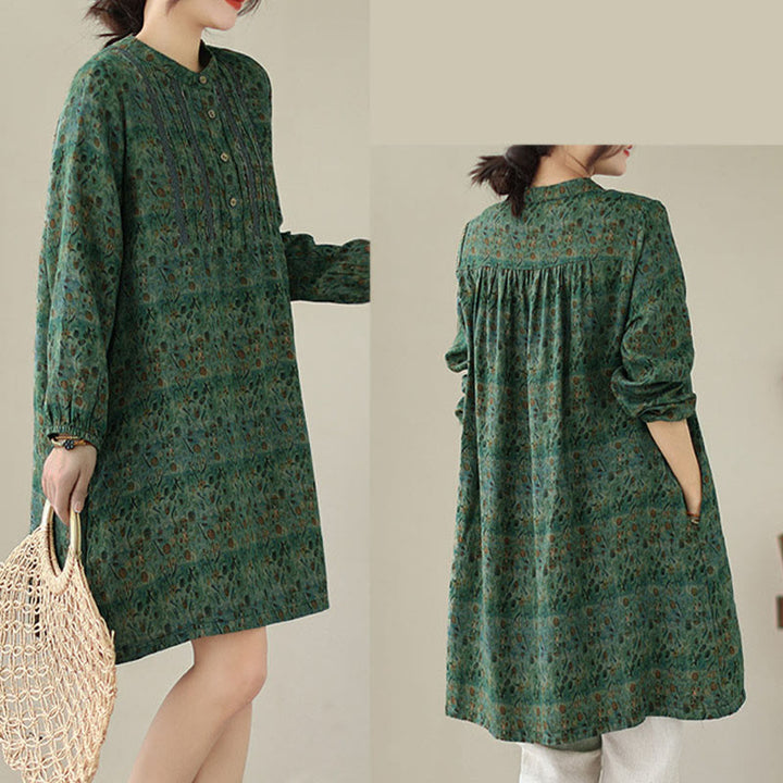 Buddha Stones Koszula damska z długim rękawem i kieszeniami, z nadrukiem w kwiaty w stylu retro i plisami w harmonijkę - image 21