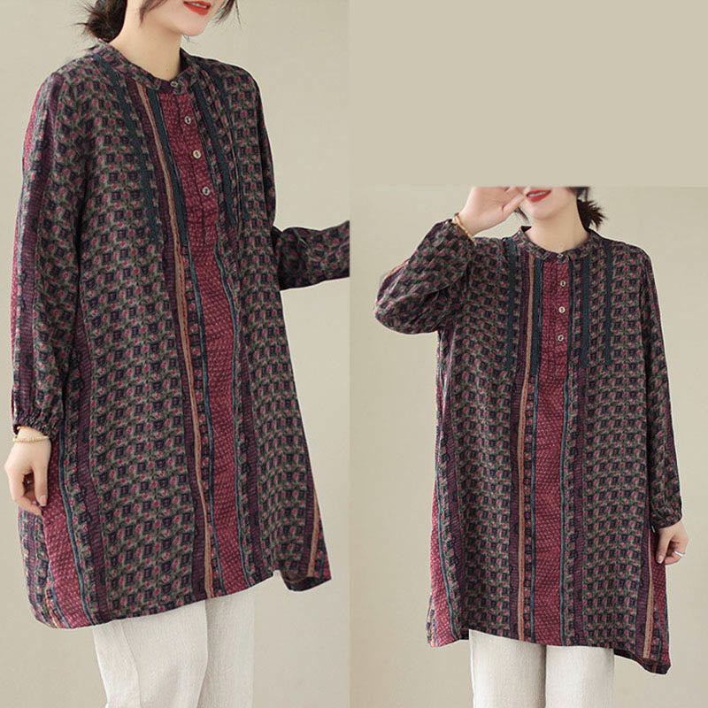 Buddha Stones Koszula damska z długim rękawem i kieszeniami, z nadrukiem w kwiaty w stylu retro i plisami w harmonijkę - image 15