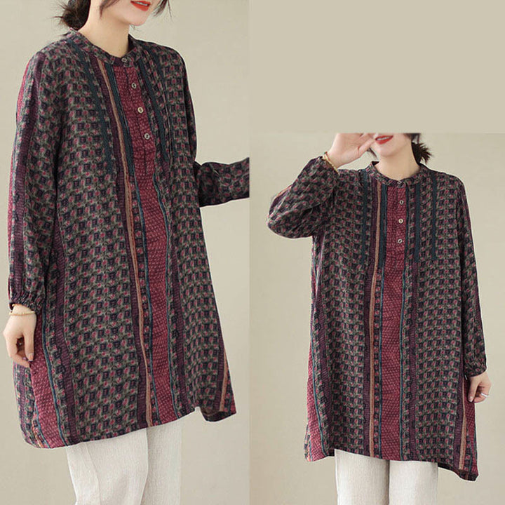 Buddha Stones Koszula damska z długim rękawem i kieszeniami, z nadrukiem w kwiaty w stylu retro i plisami w harmonijkę - image 15