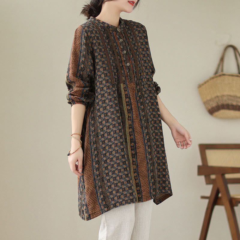 Buddha Stones Koszula damska z długim rękawem i kieszeniami, z nadrukiem w kwiaty w stylu retro i plisami w harmonijkę - image 1