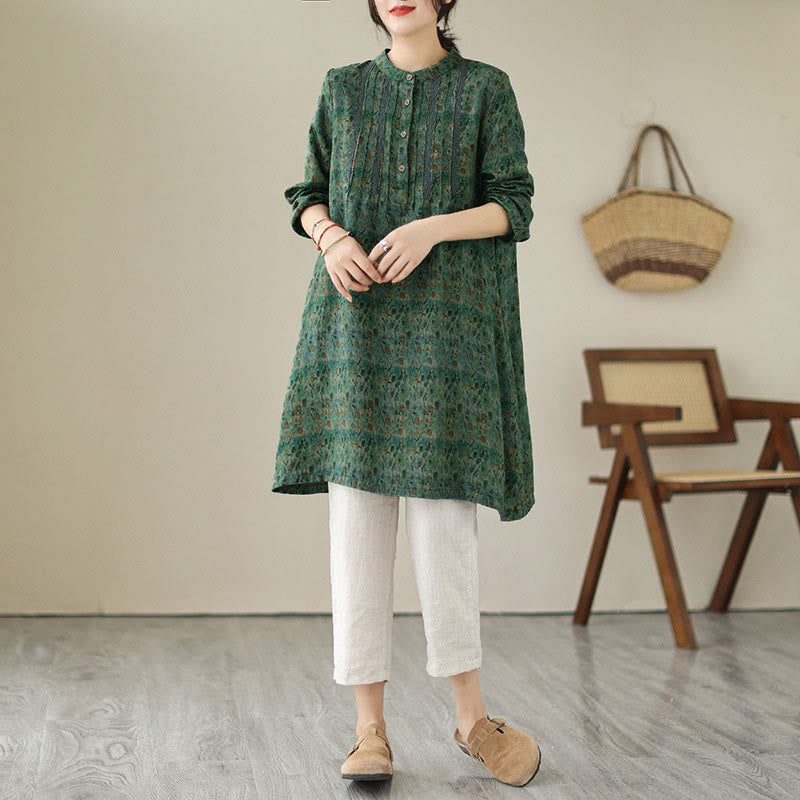 Buddha Stones Koszula damska z długim rękawem i kieszeniami, z nadrukiem w kwiaty w stylu retro i plisami w harmonijkę - image 19