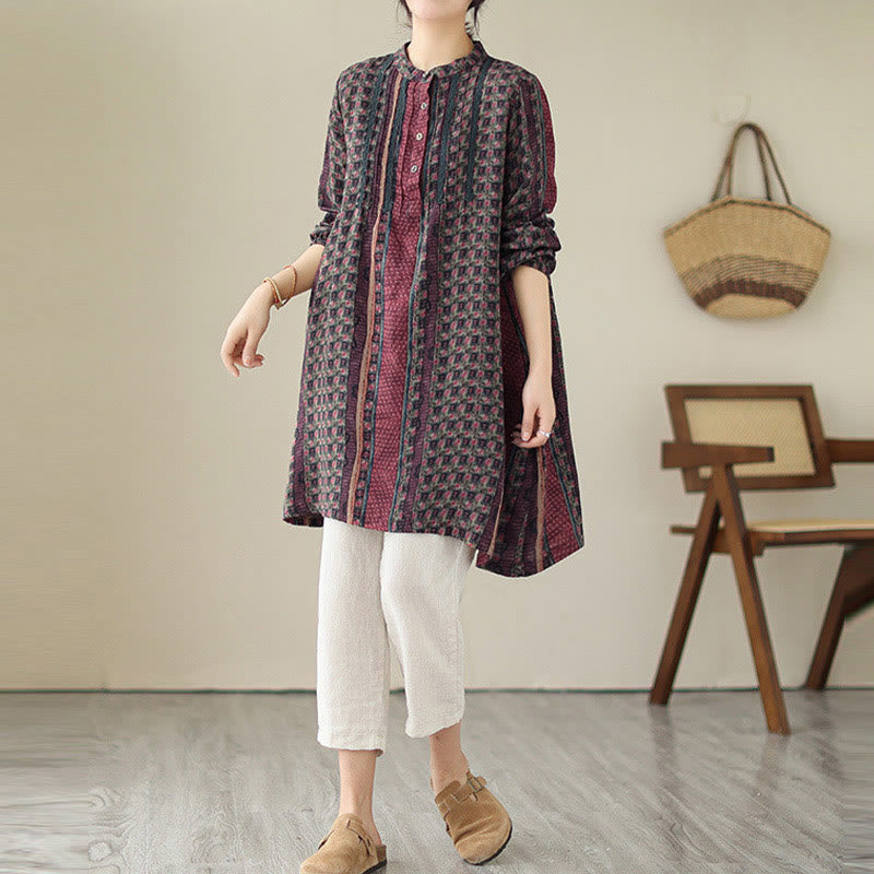 Buddha Stones Koszula damska z długim rękawem i kieszeniami, z nadrukiem w kwiaty w stylu retro i plisami w harmonijkę - image 14