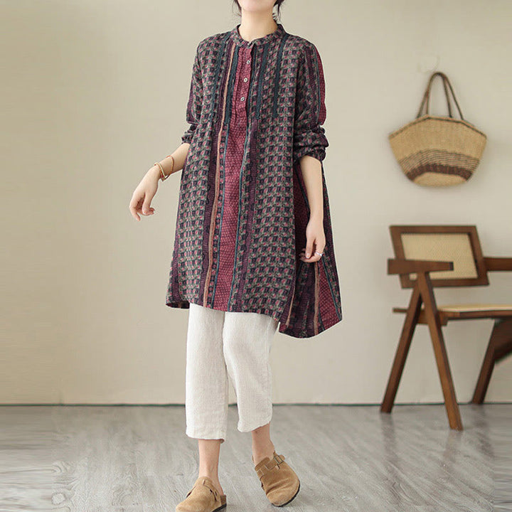 Buddha Stones Koszula damska z długim rękawem i kieszeniami, z nadrukiem w kwiaty w stylu retro i plisami w harmonijkę - image 14