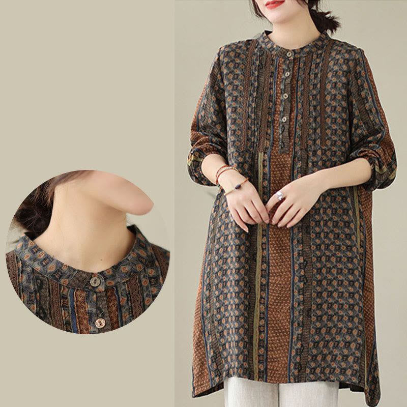 Buddha Stones Koszula damska z długim rękawem i kieszeniami, z nadrukiem w kwiaty w stylu retro i plisami w harmonijkę - image 8