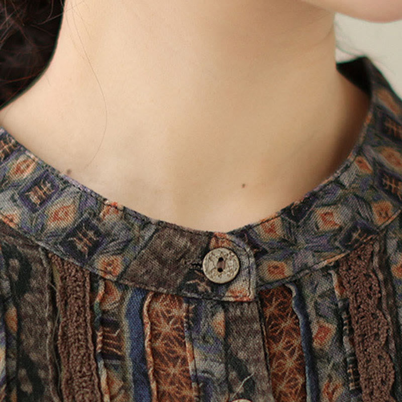 Buddha Stones Koszula damska z długim rękawem i kieszeniami, z nadrukiem w kwiaty w stylu retro i plisami w harmonijkę - image 10