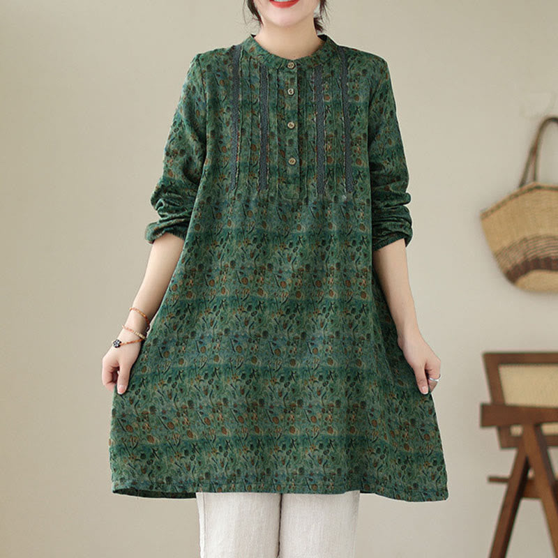 Buddha Stones Koszula damska z długim rękawem i kieszeniami, z nadrukiem w kwiaty w stylu retro i plisami w harmonijkę - image 18