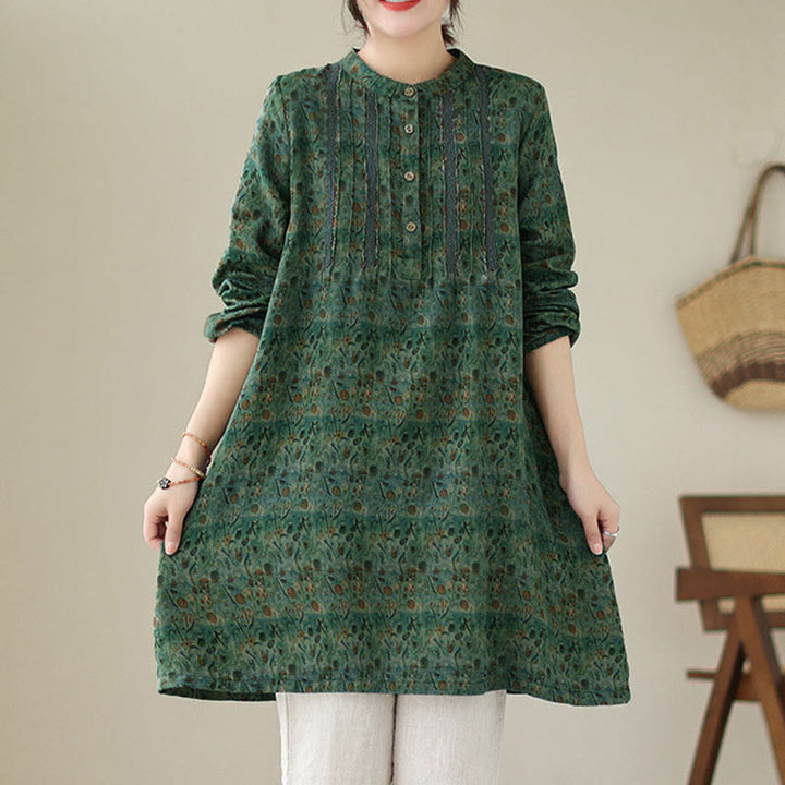 Buddha Stones Koszula damska z długim rękawem i kieszeniami, z nadrukiem w kwiaty w stylu retro i plisami w harmonijkę - image 18