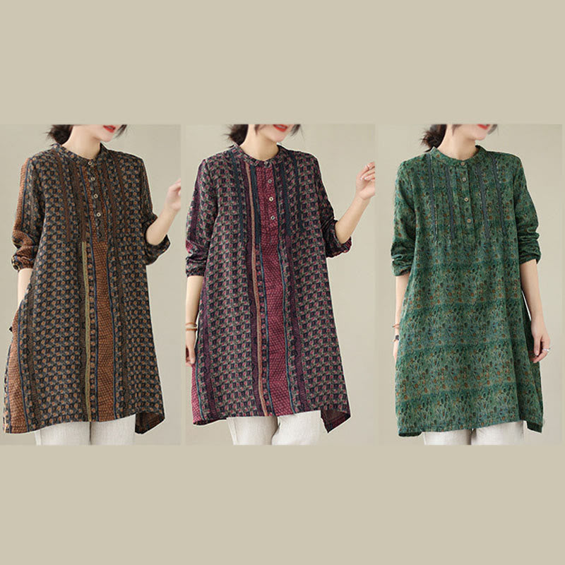 Buddha Stones Koszula damska z długim rękawem i kieszeniami, z nadrukiem w kwiaty w stylu retro i plisami w harmonijkę - image 23