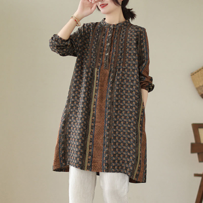 Buddha Stones Koszula damska z długim rękawem i kieszeniami, z nadrukiem w kwiaty w stylu retro i plisami w harmonijkę - SaddleBrown - US8-10，UK/AU12-14，EU40-42 (2XL) - image 0