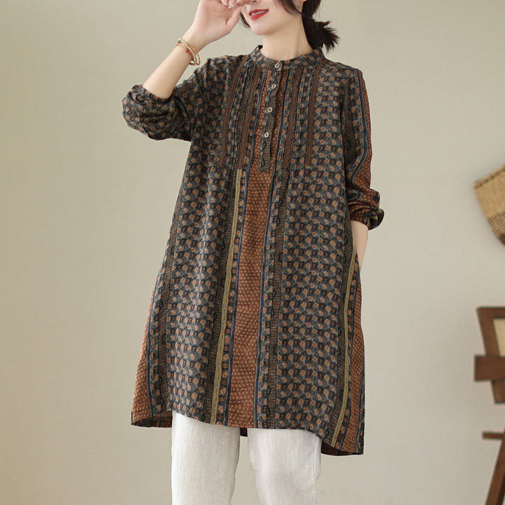 Buddha Stones Koszula damska z długim rękawem i kieszeniami, z nadrukiem w kwiaty w stylu retro i plisami w harmonijkę - SaddleBrown - US8-10，UK/AU12-14，EU40-42 (2XL) - image 0