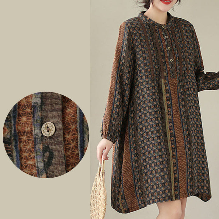 Buddha Stones Koszula damska z długim rękawem i kieszeniami, z nadrukiem w kwiaty w stylu retro i plisami w harmonijkę - image 9