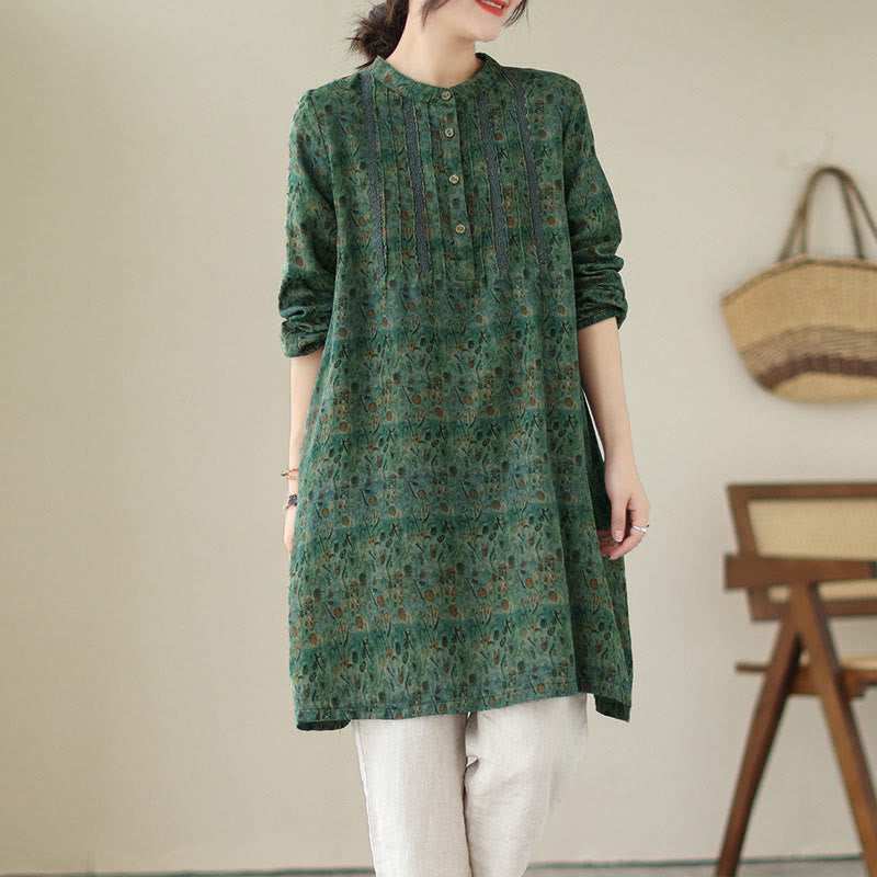 Buddha Stones Koszula damska z długim rękawem i kieszeniami, z nadrukiem w kwiaty w stylu retro i plisami w harmonijkę - SeaGreen - US8-10，UK/AU12-14，EU40-42 (2XL) - image 16