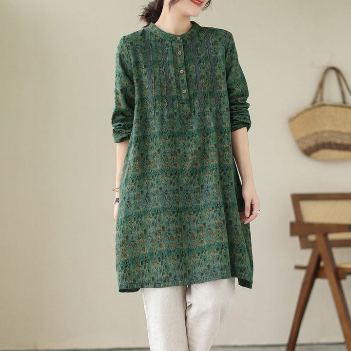 Buddha Stones Koszula damska z długim rękawem i kieszeniami, z nadrukiem w kwiaty w stylu retro i plisami w harmonijkę - SeaGreen - US8-10，UK/AU12-14，EU40-42 (2XL) - image 16