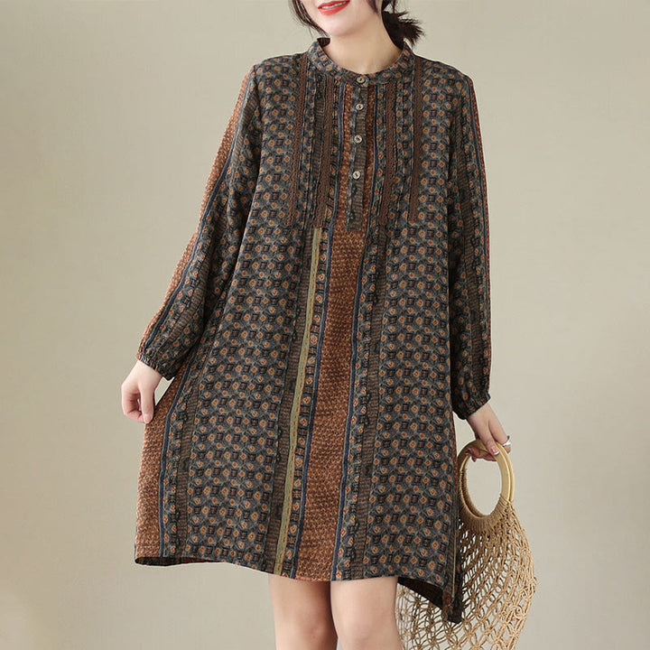 Buddha Stones Koszula damska z długim rękawem i kieszeniami, z nadrukiem w kwiaty w stylu retro i plisami w harmonijkę - image 3