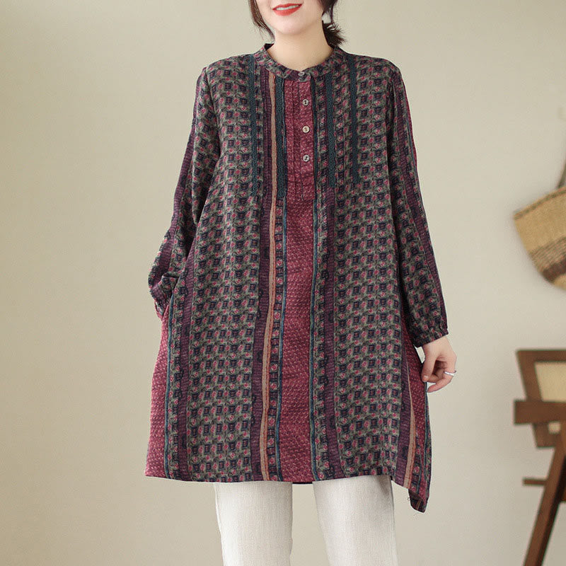 Buddha Stones Koszula damska z długim rękawem i kieszeniami, z nadrukiem w kwiaty w stylu retro i plisami w harmonijkę - Ciemnoczerwony - US8-10，UK/AU12-14，EU40-42 (2XL) - image 13