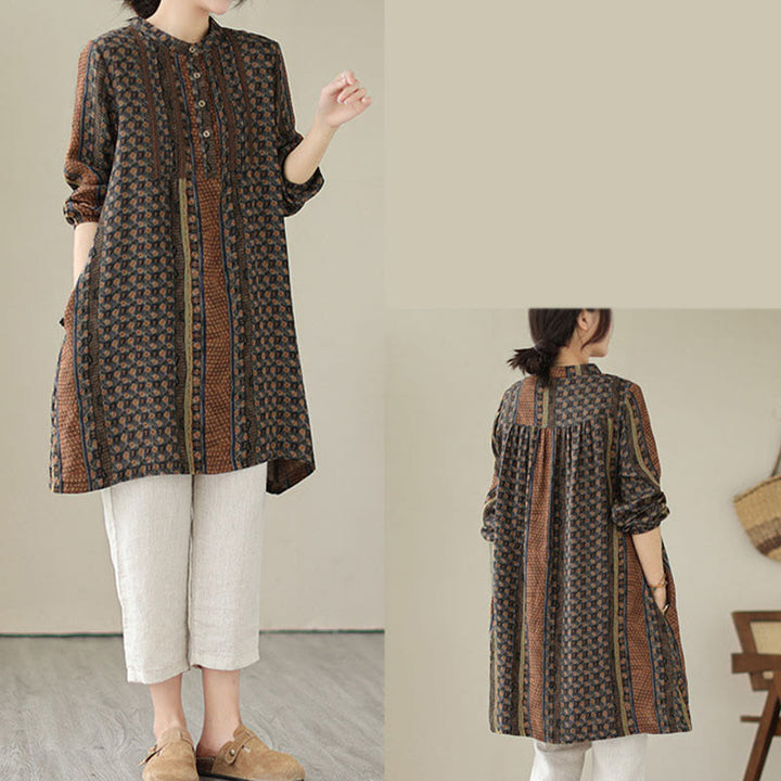 Buddha Stones Koszula damska z długim rękawem i kieszeniami, z nadrukiem w kwiaty w stylu retro i plisami w harmonijkę - image 6