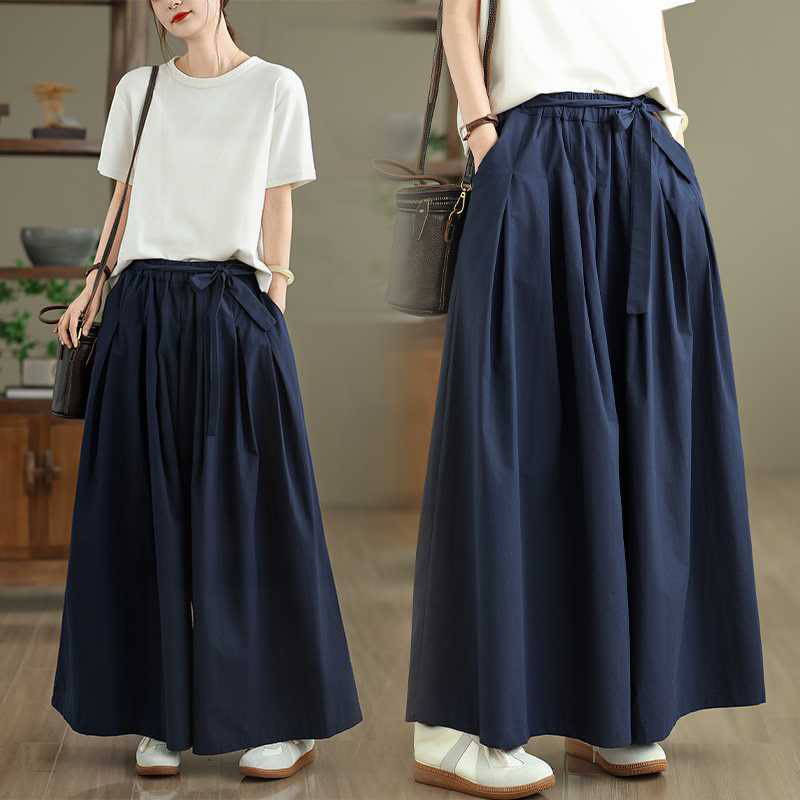 Buddha Stones Ciemnoniebieskie, proste, sznurowane spodnie damskie z szerokimi nogawkami i elastyczną talią oraz kieszeniami - Ciemnoniebieski - US6, UK/AU10, EU38 (XL) - image 0