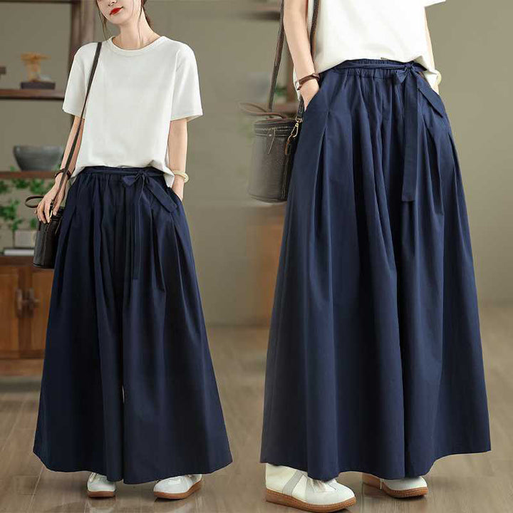 Buddha Stones Ciemnoniebieskie, proste, sznurowane spodnie damskie z szerokimi nogawkami i elastyczną talią oraz kieszeniami - Ciemnoniebieski - US6, UK/AU10, EU38 (XL) - image 0