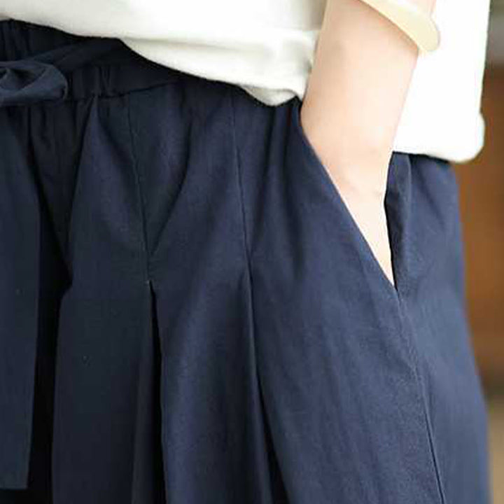 Buddha Stones Ciemnoniebieskie, proste, sznurowane spodnie damskie z szerokimi nogawkami i elastyczną talią oraz kieszeniami - image 11