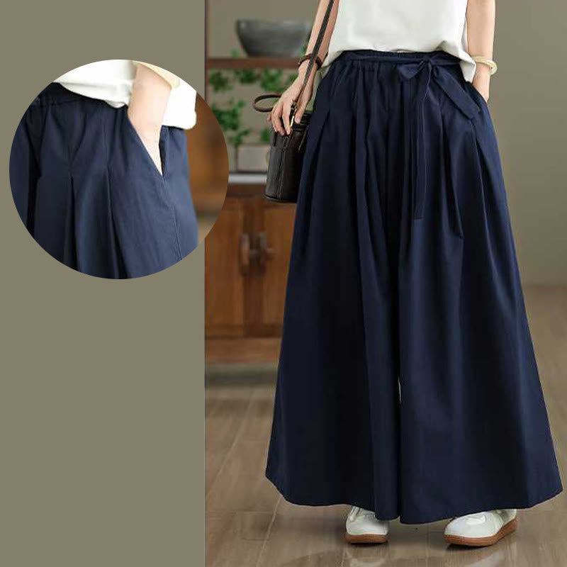 Buddha Stones Ciemnoniebieskie, proste, sznurowane spodnie damskie z szerokimi nogawkami i elastyczną talią oraz kieszeniami - image 8