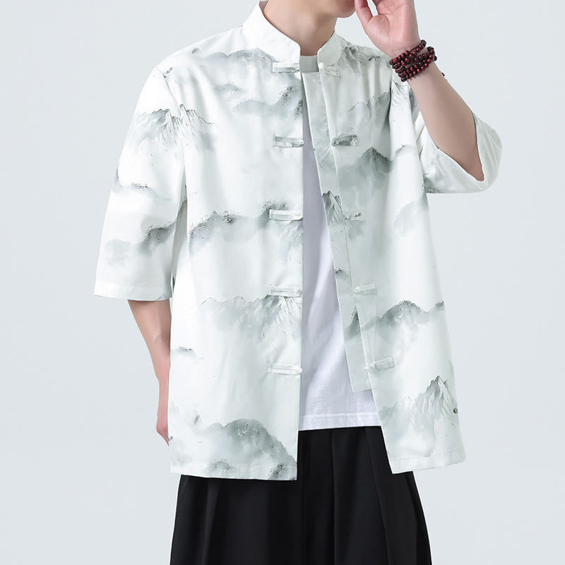 Buddha Stones Koszule męskie z krótkim rękawem i nadrukiem w chińskim tuszu w stylu krajobrazowym i żabą - image 17