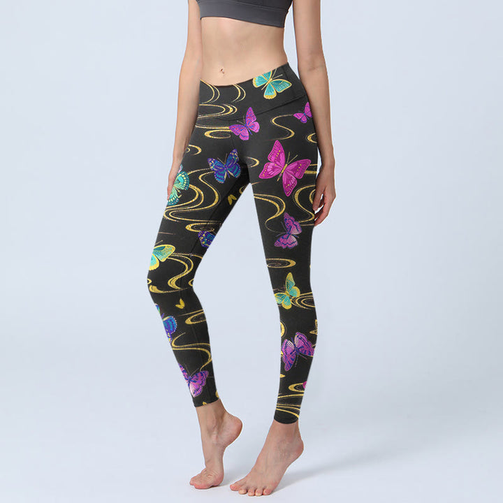 Buddha Stones Piękne, kontrastowe legginsy do jogi damskie z nadrukiem w motyle - Czarny - US18, UK/AU22, EU50 (4XL) - image 0