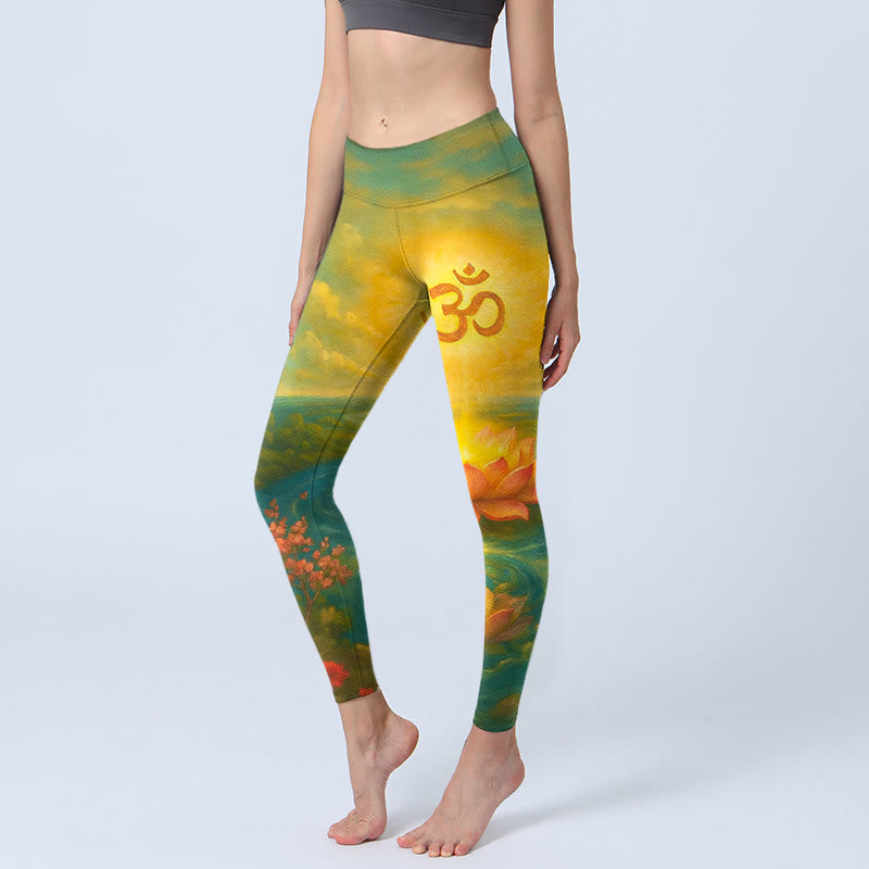 Buddha Stones Symetryczne legginsy do jogi damskie z nadrukiem w kształcie kwiatu lotosu i chmury, z symbolem Om i małym kwiatem - Zielony - US18, UK/AU22, EU50 (4XL) - image 0